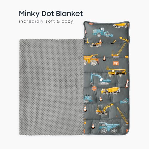 Image of Wake In Cloud - Toddler Nap Mat with Pillow and Minky Fleece Blanket, for Kids Boys Ages 3 Plus in Daycare Preschool Kindergarten, Roll Up Sleeping Bag, Construction Trucks