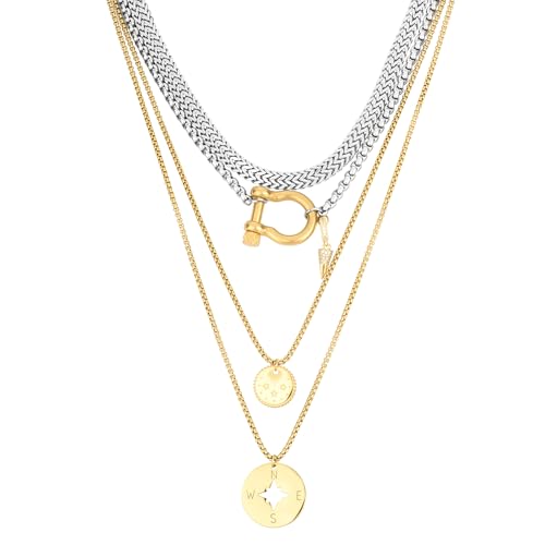 XXKOTWA Layered Necklaces for Women 4 Set,Two Tone Necklace Stainless Steel Compass Cuban Necklaces Choker Chunky Necklaces for Women Jewelry Gift