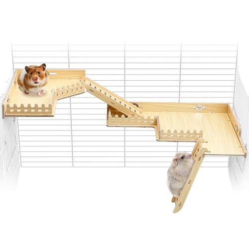 Fhiny 2-Tier Hanging Gerbil Climbing Platform with Ladder & Fence, Wooden Platform for Cage, Hamster Activity Playground Habitat Decor, Cage Accessories for Dwarf Hamster Gerbil Mice Rat Mouse
