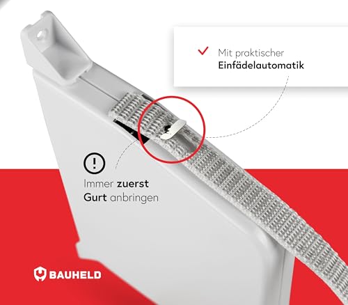 BAUHELD® Rolladen-Gurtwickler Aufputz [Einfädelautomatik] - Robuster Rollladen Aufwickler für Rolladengurt 14mm [ohne Gurt] - 180° Schwenkbar - Mini Rollo-Wickler mit Lochabstand 153mm - Weiß