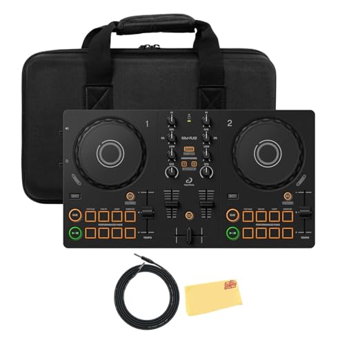 Pioneer DJ AlphaTheta DDJ-FLX2 Compact 2-Channel DJ Controller Bundle with Carrying Case, Instrument Cable, and Austin Bazaar Polishing Cloth