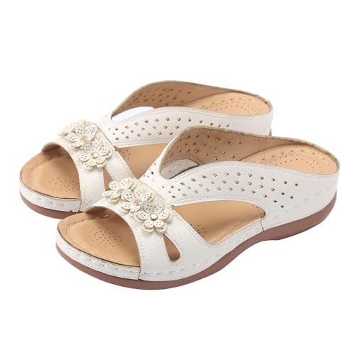 Spring Shoes for Women 2025,White Wedge Sandals for Women,Floral Sandals for Women,Slip on Dressy Summer Comfortable Slides Sandals,Lightweight Memory Foam Platform Shoes