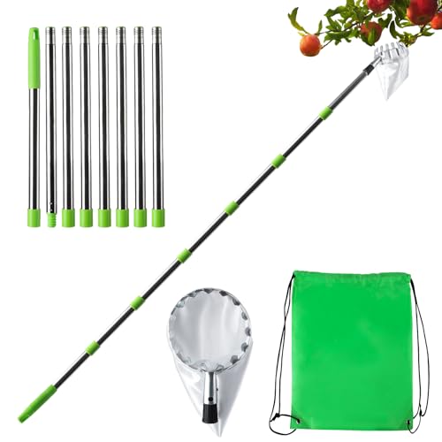 OITUGG Recogedor de Manzanas - 3,2 Metros Recogedor de Fruta con Mango telescópico y Bolsas de Tela, fácil de Montar, 10,5 pies, 8 Piezas Aluminio Palos, 40 cm por Palo