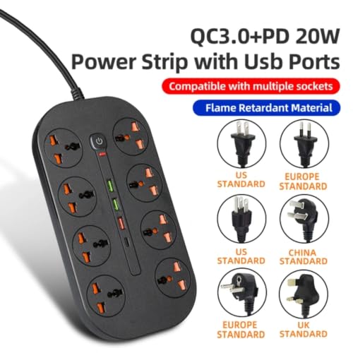 Image of 12 in 1 Universal Extension Board with 8 Sockets 3 USB Ports, 1 PD Type-C Fast Charging | 3000W Heavy Duty Power Strip with Switch | 6 Ft Extension Cord for Home Office TV Computer Mobile