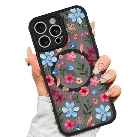AIGOMARA Magnetic Case for iPhone 16 Pro, Cute Pink Blue Flower Floral
