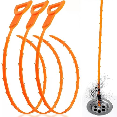 Clog Remover Tool 64cm Length Drain Cleaner Sticks for Sink, Pipe and Tub - Plumbing unclogger Tool for Clogged Drains in Shower, Hair Catcher for Bathroom, Kitchen, Bathtub (Orange *3)