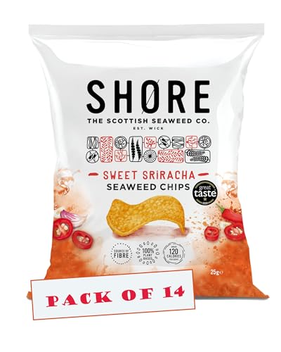 Shore Seaweed Chips -Sweet Sriracha 14 x 25g bags, Vegan crisps, Lower in calories, Plant-based, High in Fibre