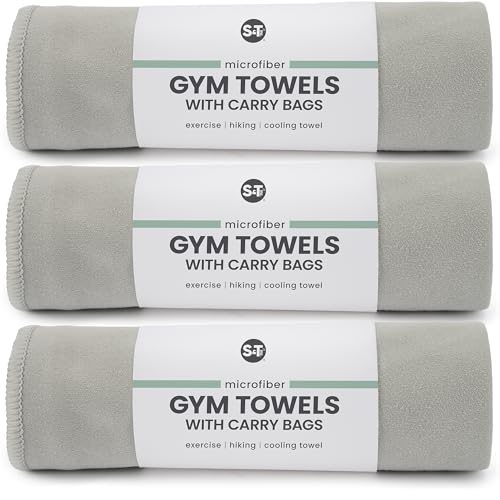 S&T INC. Gym Travel Towel, 3 Pack, Cooling Towels for Camping, Yoga, Home and Gym Bag, 3 Storage Bags Included, 12 Inch x 40 Inch, Microfiber, Grey
