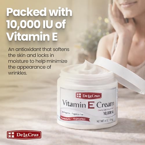 De La Cruz Vitamin E Cream FRAGRANCE FREE Moisturizer for Face and Neck - Moisturizing Skin Care for All Skin Types - Made in USA, 4 oz
