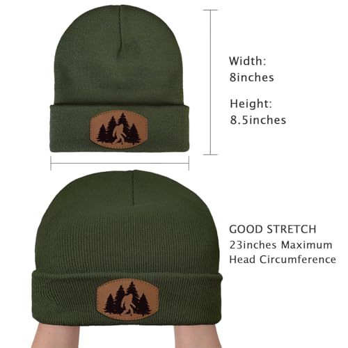 Image of Big Foot Beanie Hat, Sasquatch Leather Patch Winter Knit Skull Cap Bigfoot Gifts for Adult Men Women