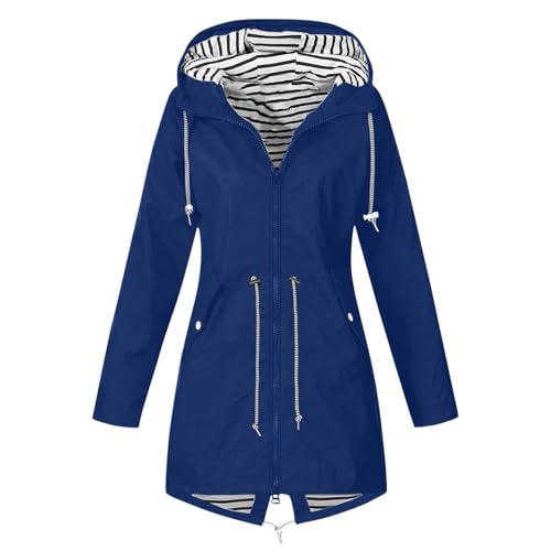 KUIH Womens Waterproof Lightweight Jackets Solid Color Packable Rain Coat Hoody Windproof Hiking Outdoor Wear Plus Size Softshell Jacket Trench Coat