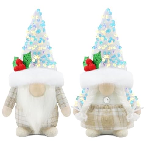 Gehydy Set of 2 Christmas Gnomes Decorations Handmade Aurora Sequins Gnome Plush Stuffed Xmas Decor for Home Kitchen Farmhouse Tiered Tray - White Cover