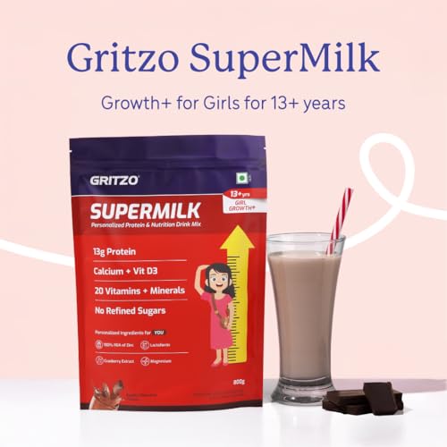 Image of Gritzo SuperMilk Growth+ (Formerly Height+) (13+y Girls), 13g Protein Powder (Double Chocolate, 800g) | Zero Refined Sugar, 20 Vitamins & Minerals | Pack of 2