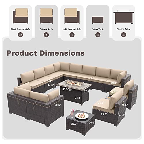 Delnavik Patio Furniture Set With Fire Pit Table 15 Pcs Outdoor Sectional Furniture Outdoor Rattan Patio Conversation Sets With 43In 55,000 Btu Propane Gas Fire Pit Table Glass Table, Sand #TOP1