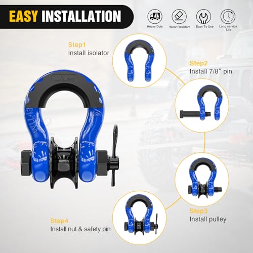 Image of Nilight 3 /4 inch D-Ring Shackle w /Snatch Block (2 Pack) 9,500 lb Working Load, 2-in-1 Heavy‑Duty Towing Pulley w /Isolator for Off‑Road Recovery, Winch Cable & Rope, Truck Jeep ATV UTV Tractor, Blue