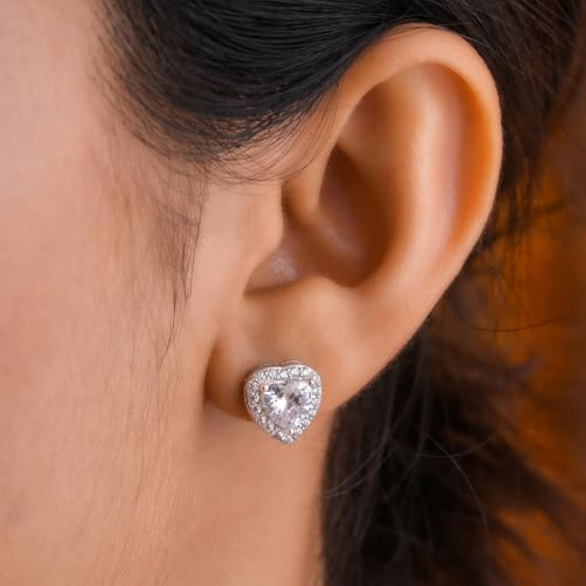 925 Silver American Diamond Heart Halo Stud Earrings