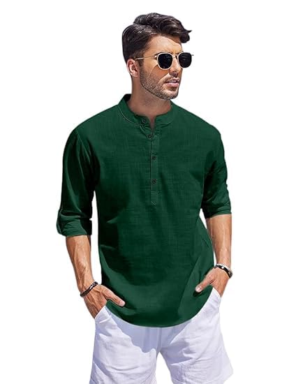 Image of Bellstone Men's Cotton Blend Straight Kurta Shirt Combo with Mandarin Collar - Slim Fit Casual Short Kurti Set Featuring Textured Slub Fabric and Roll-Up Full Sleeves