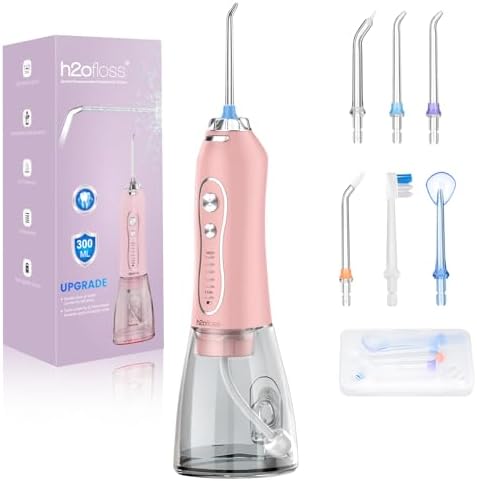 Water Dental Flosser Teeth Cleaner Pick, H2ofloss Cordless Portable Oral Irrigator,5 Mode IPX7 Waterproof Teeth Picks 300ML Rechargeable WaterFlosser for Home Travel (Pink)