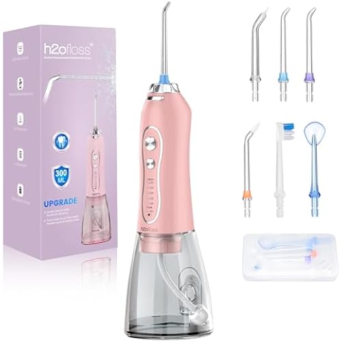 Water Dental Flosser Teeth Cleaner Pick, H2ofloss Cordless Portable Oral Irrigator,5 Mode IPX7 Waterproof Teeth Picks 300ML Rechargeable WaterFlosser for Home Travel (Pink)