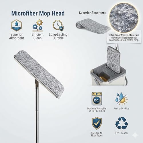 Image of Mop Heavy Quality Floor Mop with Bucket Flexible Kitchen tap Flat Squeeze Cleaning Supplies 360 Flexible Head /2 Reusable Pads Clean Home Kitchen Red