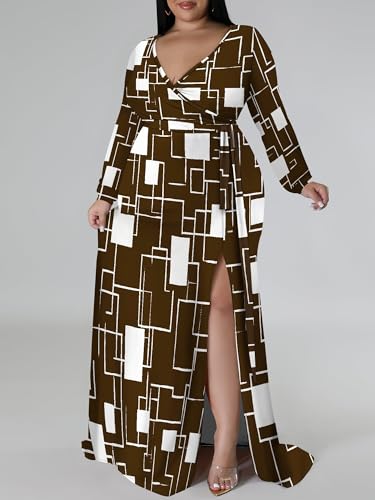 Image of PinkPatty Women's Plus Size Long Sleeve Maxi Dress Casual V Neck Slit Tie Waist Wrap Dresses for Party Cocktail