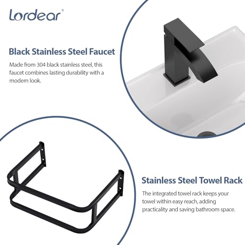 Lordear Wall Mounted Vessel Sink 16x11 Inch, U-Shape White Porcelain Bathroom Sink with Black Faucet and Support Pedestal Legs, Wall Hung Vanity Sink with Towel Rack for Small Bathrooms - Thumbnail 5