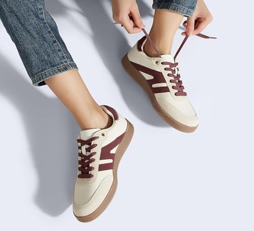 Image of LUCKY STEP Women Classic Retro Gum Sole Fashion Sneakers Casual Tennis Skate Shoe Genuine Leather Walking Footwear Anti Slip Trainers