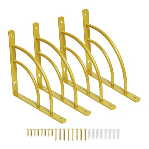 Z METNAL Small Gold Shelf Brackets, Decorative Shelves Bracket, Support Shelf Width from 6 to 8 inch, Modern Shelving Bracket for Bedroom Kitchen Bathroom Living Room, Gold, 6 Inch, 4 Pcs