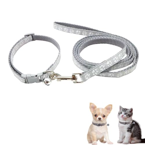 Cat Collars with Bell Leash Set, Nylon Paw Print Cat Collar and Leash Adjustable Buckle for Xs XSmall Small Puppy Dogs Girl Kitten Yorkie Chihuahua X-Small,Grey Grey Size: Neck 7-12"