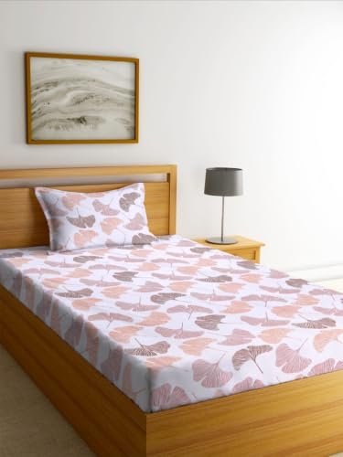 Image of NEW LEAF Premium 100% Cotton Feel Elastic Fitted Single Mattress Bedsheets with 1 Pillow Cover| All Around Elastic 200 TC Supersoft | (Size-78+36+6 inches, Blush Ginkgo