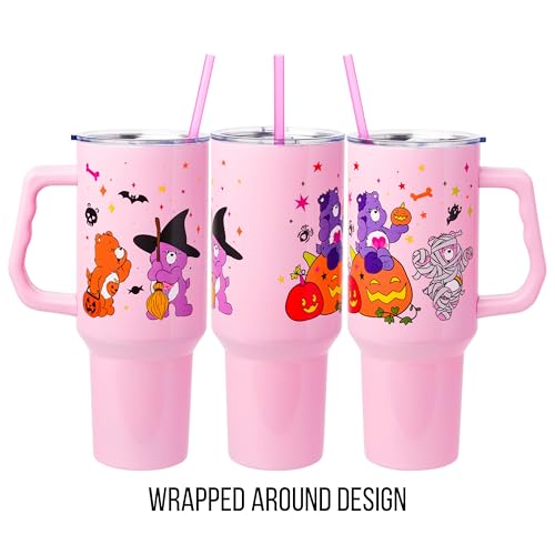 Image of Silver Buffalo Care Bears Featuring Harmony Bear, Cheer, Share Bear, and Trick-or-Sweet Halloween Double Walled Stainless Steel Tumbler with Handle and Straw, Fits in Standard Cup Holder, 40 Ounces