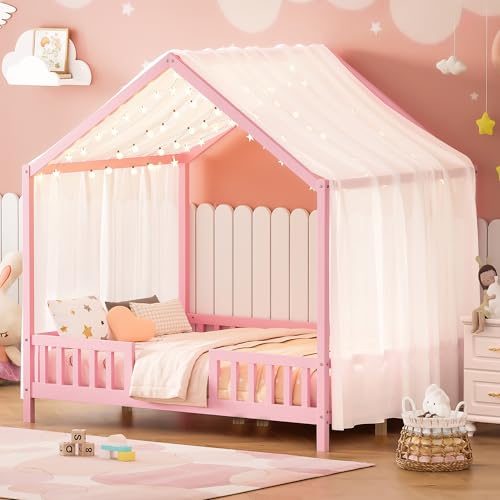 Image of Floor Bed with Canopy, High Railings and Roof, Full Size Wood House Bed Frame for Kids Bedroom (Pink /C)