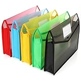 A4 Plastic Wallet, Acrux7 Document Folder with Pocket, 5 Pack A4 Envelope Folder with Button Closure, Waterproof Transparent File Folders, 5 Assorted Colors- Blue, Green, Black, Red, Yellow