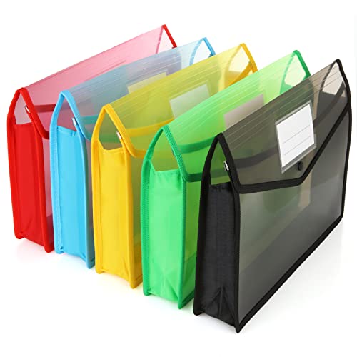 Acrux7 Plastic File Folder - Poly Envelope Expanding File Wallet Document Folder with Snap Button Closure - 5 Pack A4 Large Waterproof Accordion File Pouch - Assorted Color