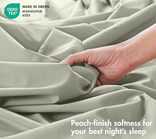 Image of RUVANTI 100% Cotton Percale Sheets King - Crisp Cooling Summer Bed Sheets for Hot Sleepers, Deep Pocket 14 inch, Soft Peach Finish, Breathable & Durable Hotel-Style 4 Piece Set, Sage Green