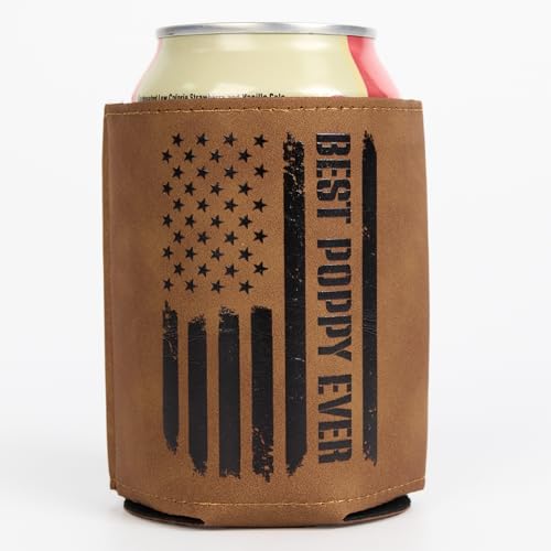 Best Poppy Gifts Funny PU Leather Can Cooler Sleeve for Poppy from Grandkids Fathers Day Birthday Christmas Gift Idea Fits 12 Oz Cans