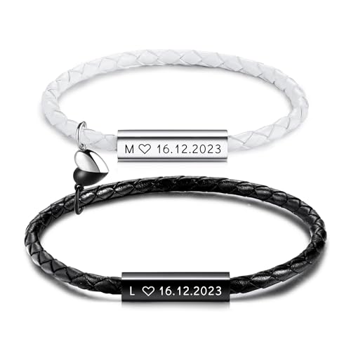 OTXIXTO Personalisiertes Partnerarmbänder mit Gravur Namen Symbole Pärchen Armband mit Paar Herz mit Gegenseitiger Anziehung Lederarmband für Damen Männer Ein Geschenk für Ihre Liebsten - A2