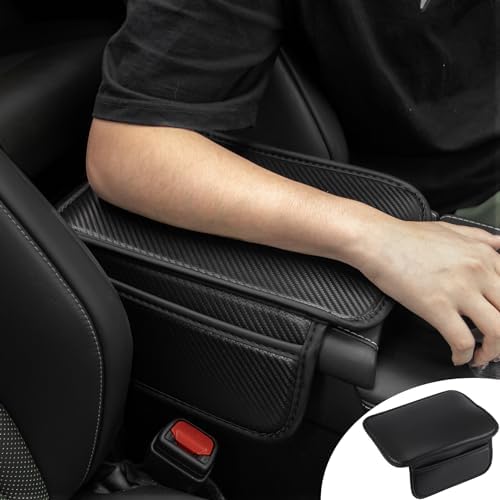 Amiss Auto Center Console Pad, Carbon Fiber PU Leather Armrest Storage Box Cover with Pockets Storage Bag, Car Interior Accessories, Universal Car Armrest Cushion for Most Vehicle, SUV, Truck (Black)