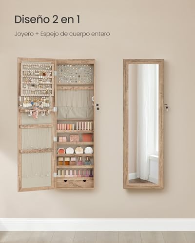 Miniatura 3 de Songmics Espejo Joyero Led, 120 Cm De Alto Con Cerradura, Armario Joyero De Pared O Montado En La Puerta, Organizador De Joyas Con Espejo, 2 Cajones, 10 X 37 X 120 Cm, Roble Tostado Jjc093n01