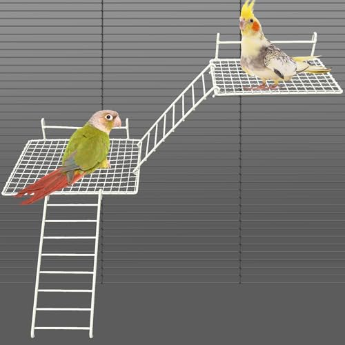 BNOSDM 4 PCS Bird Perches Platform, Stainless Steel Grid Platform for Parakeet Parrot Stand with Climbing Ladder Bird Cage Accessories for Small to Large Birds (White)