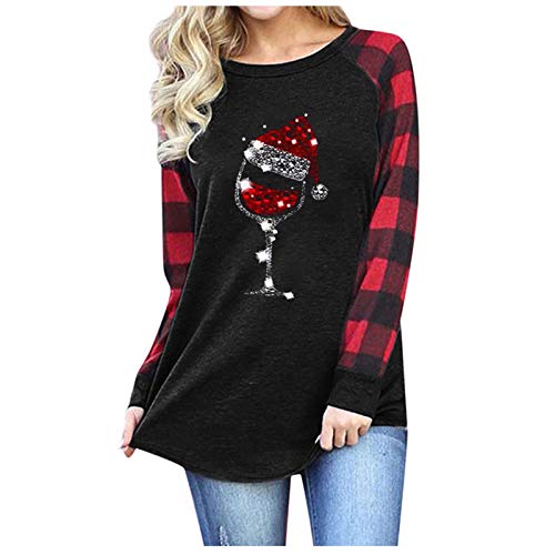 Sweatshirts for Women,Merry Christmas Santa Graphic Cute Shirt Womens Plaid Splicing Long Sleeve Raglan Tees Baseball Tops Black
