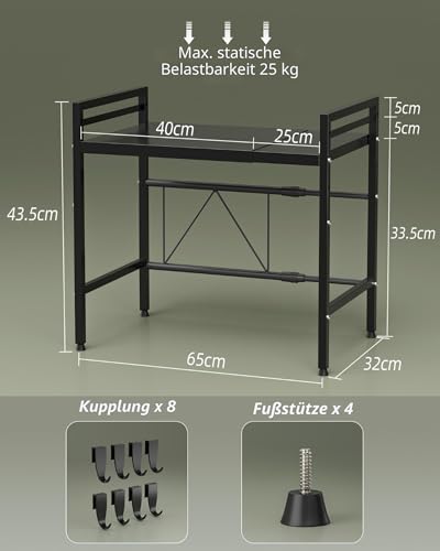 NETEL Erweiterbares Mikrowellen Regal 2 Stufig,Regal über Mikrowelle,Mikrowellenständer für Arbeitsplatte，Küchenregal Stehend für Backofen/Kaffeemaschine，Stabile Microwave Stand mit 8 Haken,Schwarz