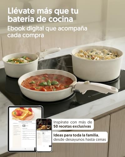 La Moustache - Juego de Ollas y Sartenes【11 Piezas】Aluminio con Antiadherente, Mangos Desmontables, Batería de Cocina (Ø18/20/26cm) + Tapas para Todas las Cocinas, Incluso Inducción (Latte Click) - imagen 7