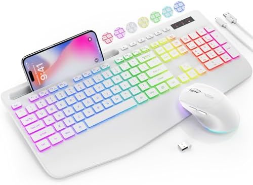 SABLUTE Wireless Keyboard and Mouse Combo, 9 Backlit Effects, Wrist Rest, Phone Holder, 2.4G Lag-Free Ergonomic Keyboards, KM22 MAX Rechargeable Silent Set for Computer, Laptop, Mac, Windows（White）