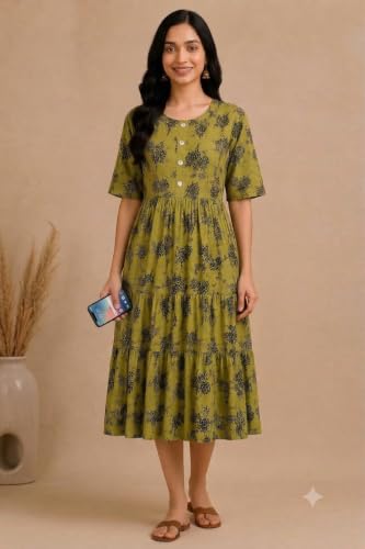 Image of Women's Rayon A-Line Midi Dress, Floral Print, Short Sleeves, Tiered Design, Round Neck, for Summer Wear