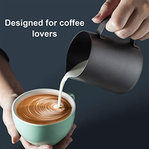 Emsmil Dzbanek do mleka ze stali nierdzewnej, 350 ml, zestaw do spieniacza do mleka z pomiarem Mark i Latte Art, czarny dzbanek na mleko, dzbanek na mleko, dzbanek do spieniacza do cappuccino espresso