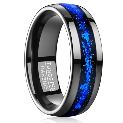 Tungsten Rings for Men Blue Foil Inlay, 8mm Black Mens Wedding Band, Dome Design, Comfort Fit Ring for Engagement Anniversary, Size 7-12