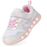 SKYWHEEL Toddler Girls Light Up Shoes Pink and White LED Flashing Sneakers Hook and Loop Closure Lightweight Breathable Mesh Non-Slip Tennis Running Shoes (White Size 9)