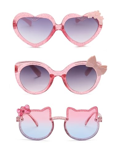 SJBNCai 3-Pairs Girls Sunglasses Kids Cute Pink Kitty Lovely Cartoon Sunglasses Aged 3-12 UV400 Protection