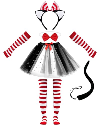 Hiwtonk 6 Pcs Cat Costume Set with Headband, Bow Tie, Sleeves, Socks, Tutu and Tail for Grils Halloween Book Week Cosplay